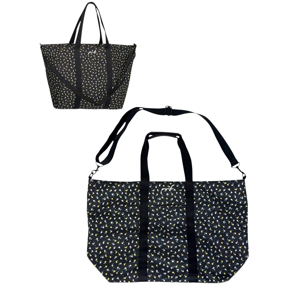 PINK Victoria's Secret Large Duffle Bag Black Ditsy Floral Weekender Travel Tote
